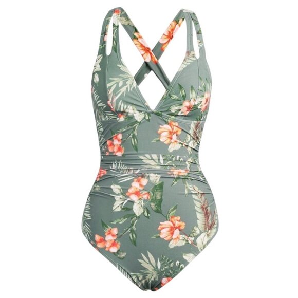 CUPSHE Women 1 Piece Swimsuit M Green Floral V-Neck Cutout Strap Crisscross Back - Picture 4 of 9